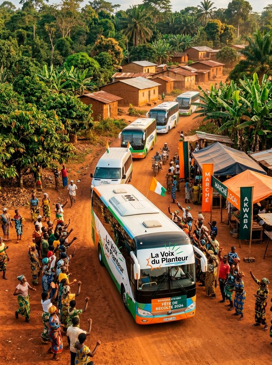 Convoi de la Caravane du Planteur arrivant au village